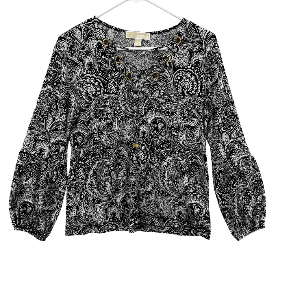 Michael Kors Blouse Womens Small Paisley Print Lace Up Long Sleeve Top